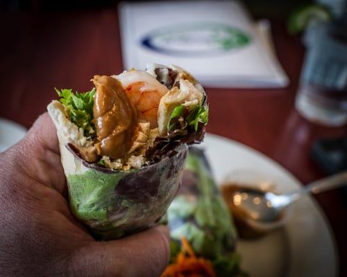 Chicken and shrimp rice paper wrap with peanut sauce.