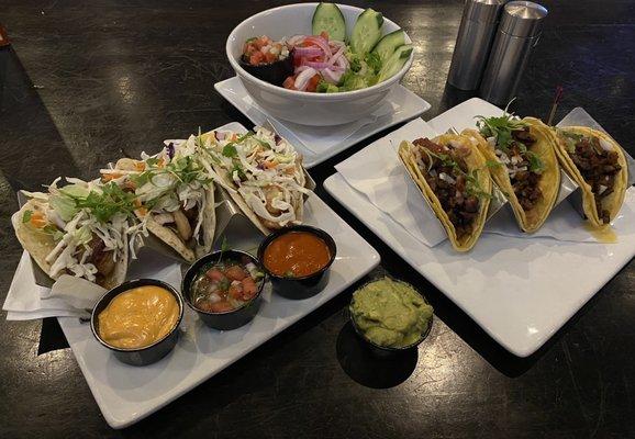 Shrimp tacos, side salad, & carne tacos