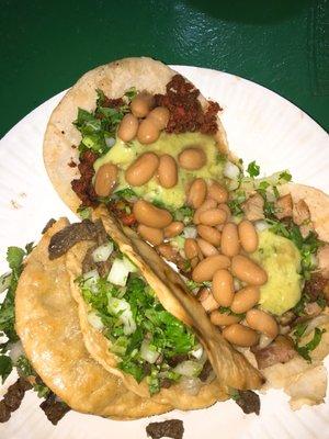 Chorizo, carne asada and potato tacos