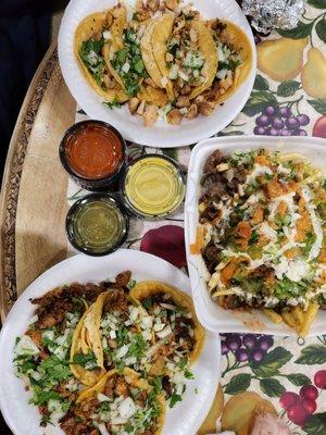 carne asada fries, 4 chicken taco and 4 al pastor tacos