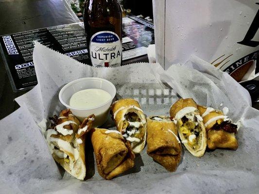 Southwest chicken egg rolls ( with house made ranch) These were endangered and hard to find for a while ... but they're back