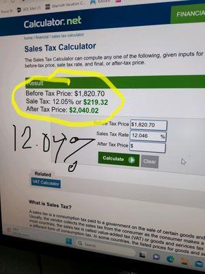 Tax at 12.046% = $219.32