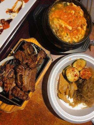 Seafood Tofu Soup with Side Dishes and Kalbi BBQ