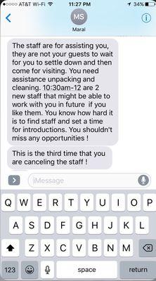 Text from worker who wouldn't allow me time off to grieve and process when my MOTHER DIED. No empathy from these control freaks.