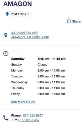 Amagon post office hours of operation