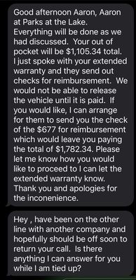 This is the text from Aaron Ford and myself after price changing and now saying he can't release my truck until it's paid in full