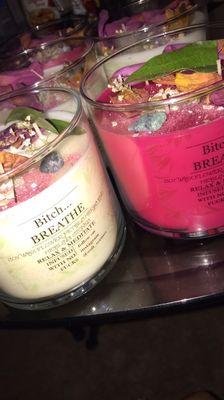 3 wick soy scented candles with rose petals oatmeal and healing crystals !