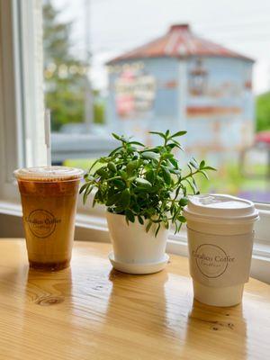 20 oz Caramel macchiato and small drip coffee