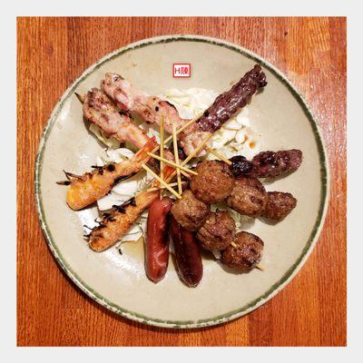 Yakiniku set B: 10 skewers. 2 each of beef ball, shrimp, chicken, beef, sausage for $24.50...