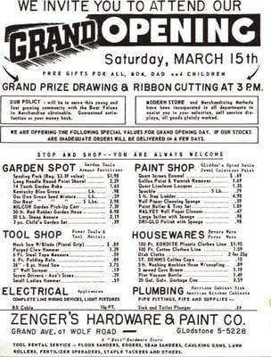 Flyer from Zenger's Hardware Grand Opening