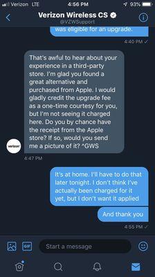 Pleasantly surprised this worked out so well. I recommend Verizon's Twitter customer support