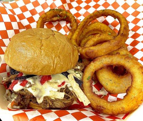 The Home Run barbacoa beef and green chil Queso!