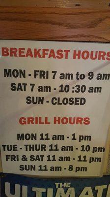 Grill Hours and Breakfast Hours