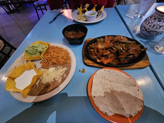 Steak fajitas, fish tacos