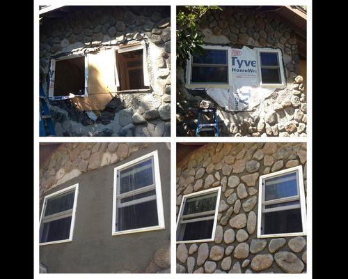 A couple  new windows with exterior rock repair