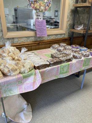 Dozens of snowflake rolls and homemade tea breads to purchase for your Easter gathering