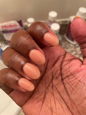 Just see through dipped nails! Should not be this thin, will it last long especially when they charge soo darn much and I tip well. Bye