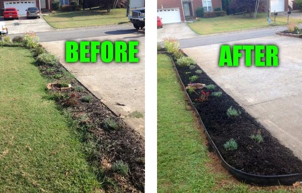 Pulled Bermuda grass and all other weeds, installed edging, and spread a fresh layer of mulch over the top! We also transplanted some irises