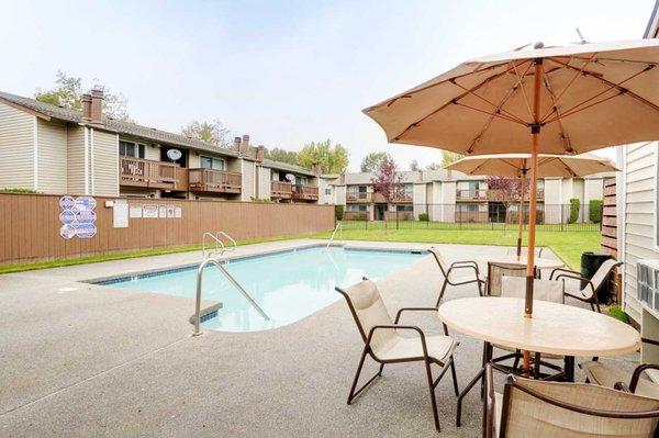 Outdoor, swimming pool with sundeck and lounge area