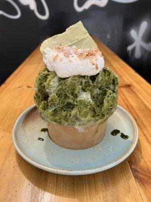 Kuramoto Shaved Ice, Matcha Syrup, Sweetened Milk, Whipped Cream, Meringue Cookie, Puff Pastry