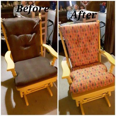 Tim did an awesome job reupholstering the cushions for rocker!! It looks great and he worked super fast!!! Thanks Tim!!