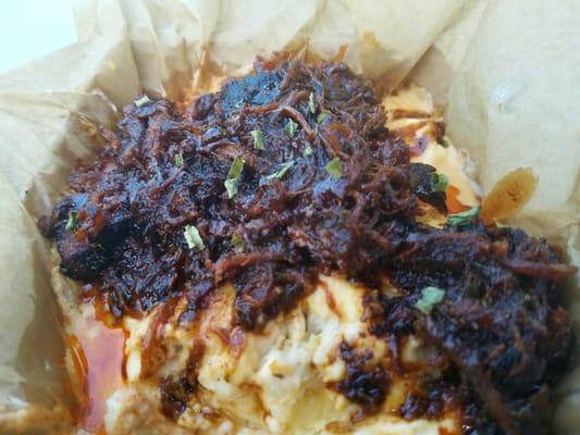 Mac and cheese topped with bbq pulled pork from Pirate Brothers Bbq food truck.