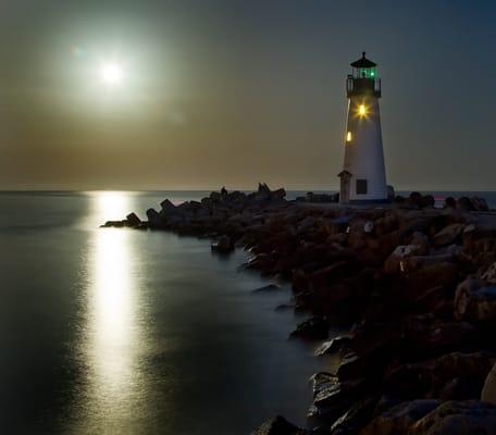 Bright moon over Santa Cruz Harbor