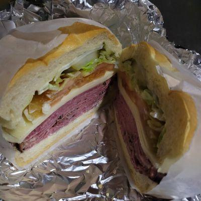 Pastrami and Swiss cheese sandwich