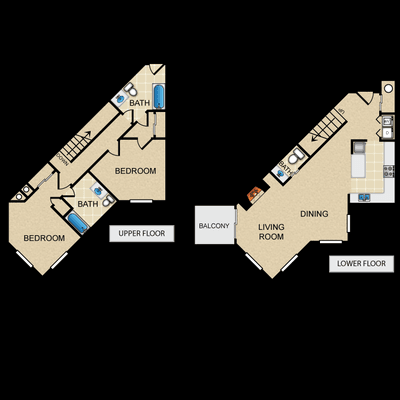 Two Bedroom, Two Bathroom + Powder Room, 1330 sq. ft.