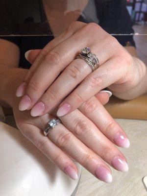 Pink and white ombré powder gel with almond shape nails. Beautiful!