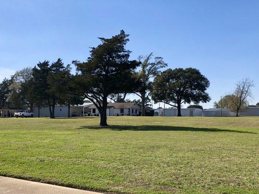 Large lawn facing the chapel and fellowship hall