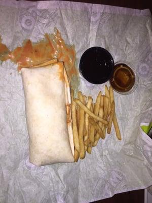 Turkey Wrap w/ salsa & guac + bag of fries w/ BBQ Dr Pepper sauce. Skimpy portion of fries for the $