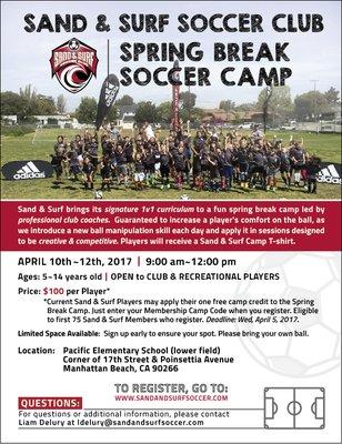 Recreational and competitive Spring soccer camp located in Manhattan Beach. Contact ldelury@sandandsurfsoccer.com