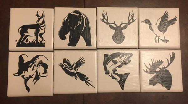 Customized coasters using vinyl decals. Available individually for window decals or as a coaster set.