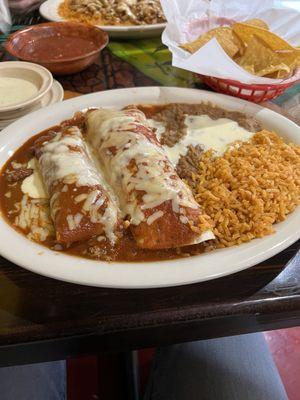 Combo #17 beef burrito and beef enchilada comes with rice and beans