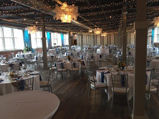 Main ballroom, decorated for dinner.