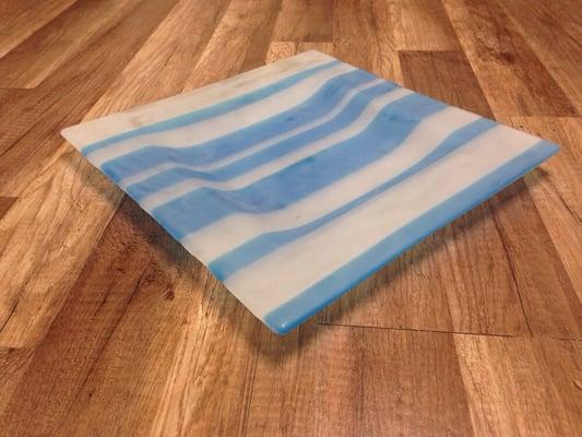 14" square platter, transparent blue and clear stripes, sandblasted finish