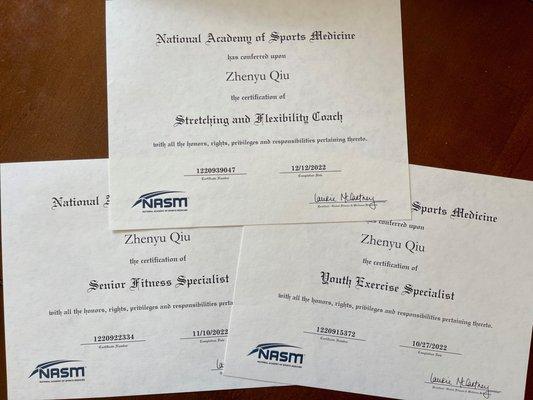 Certified NASM Stretching and Flexibility Coach; NASM Senior Fitness Specialist; NASM Youth Fitness Specialist