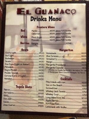 Drinks menu