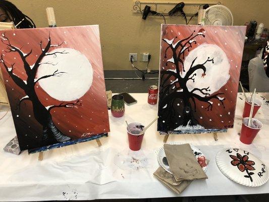 My painting on the left and my fiancé's on the right!!