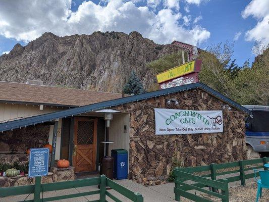 Classic 395 restaurant space in the process of being reimagined into the new Coachwhip Cafe... with a pretty rad craggy backdrop.