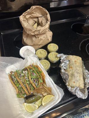 Taco Sampler and Burrito with Queso & Chips