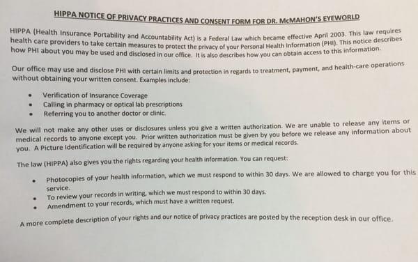 HIPPA Notice of Privacy Practices and Consent Form for Dr. McMahon's EYEWORLD.