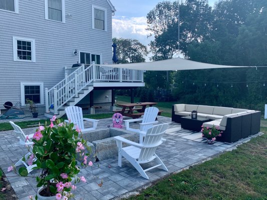 Patio, with custom granite fire pit