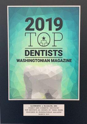 2019 - Dr. Katherine McGrath was voted by her peers to be included on the list of top dentists in The Washingtonian Magazine.