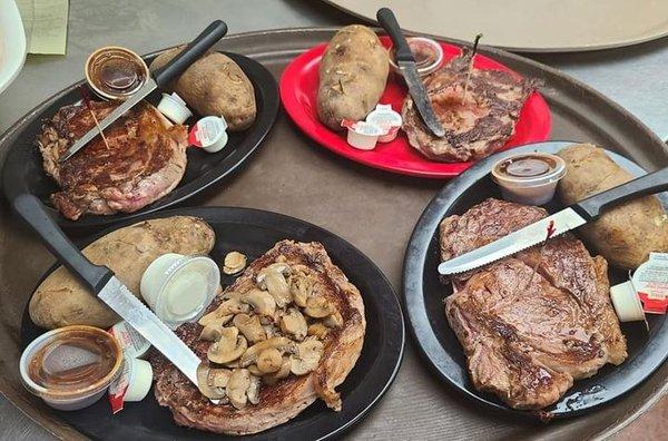 Prime Ribeye Dinner available on weekends and comes with a salad and baked potato.