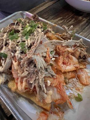 The Kimchi fries with "pulled pork". The meat was too grey for me to trust eating. The kimchi is awful, and the fries were soggy and gross.