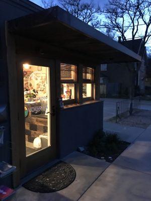 Entrance on W. Resseguie St. at night.