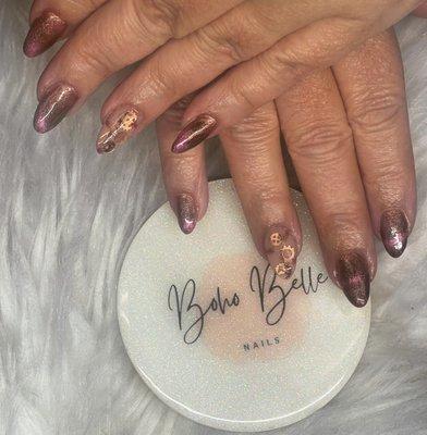 Hard gel fill with cat eye gel polish and encapsulated art