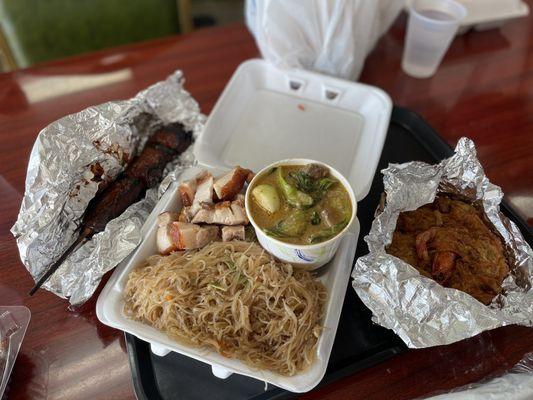 Pancit and two entrees (lechon belly and kare kare) box with extra sides